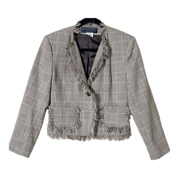 Harve Bernard Wool Blend Brown Plaid Fringe Detail Blazer Jacket Size 8 Petite - Picture 1 of 7